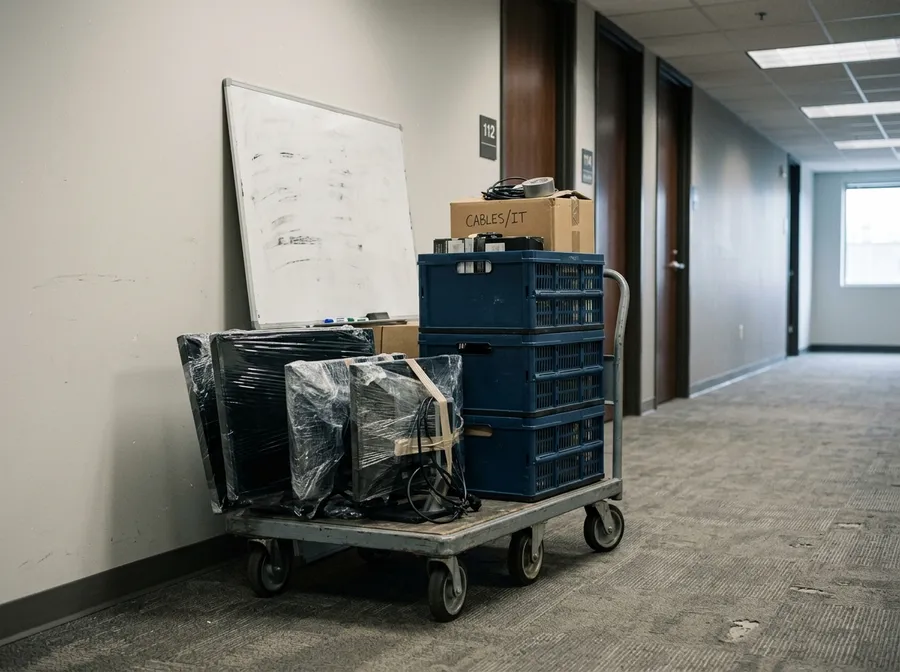 Transportboxen und verpackte Monitore beim Firmenumzug