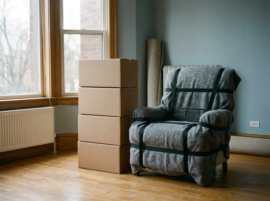 In Decken verpackte Möbel und Umzugskartons beim Privatumzug