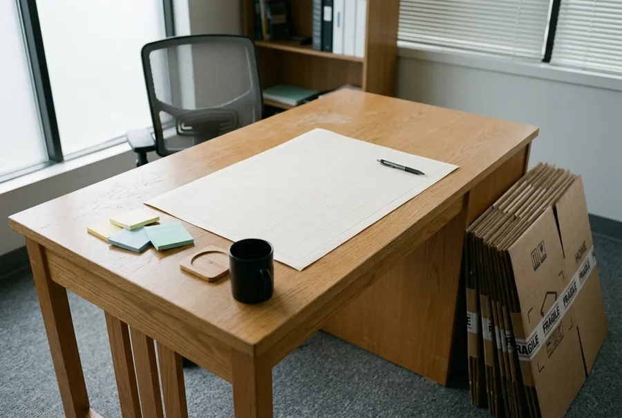 Verpackte Büroausstattung und Kartons in einem Büro