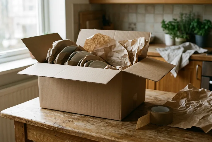 Offener Umzugskarton mit Packpapier und Klebeband